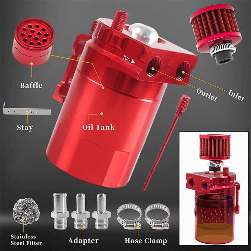 Oil Catch Can Kit Reservoir Red Tank with Breather Filter Universal Aluminum