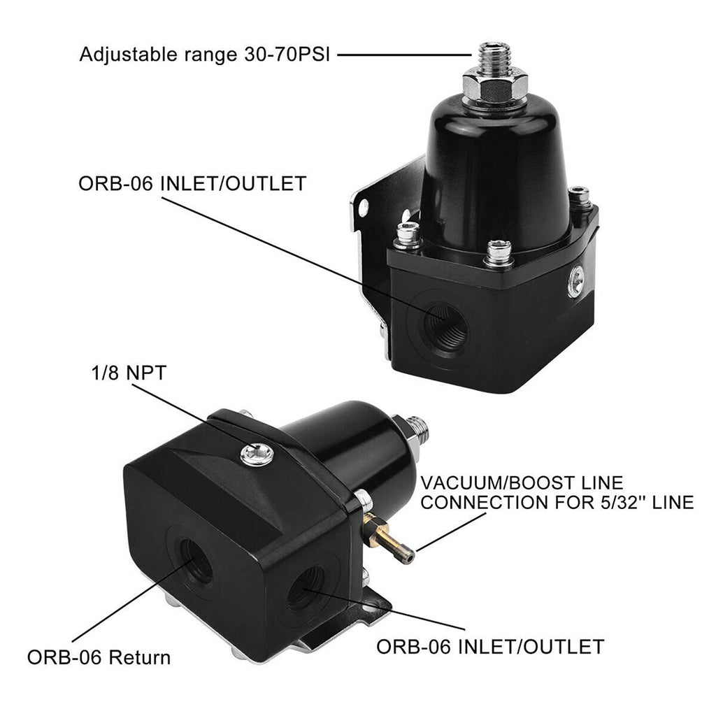 Universal Adjustable Fuel Pressure Regulator Kit 100psi Guage AN6 Fitting Black