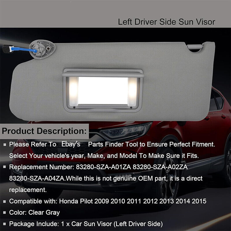 Left Driver Side Sun Visor w/ Light For Honda Pilot 2009-2015 83280SZAA01ZA