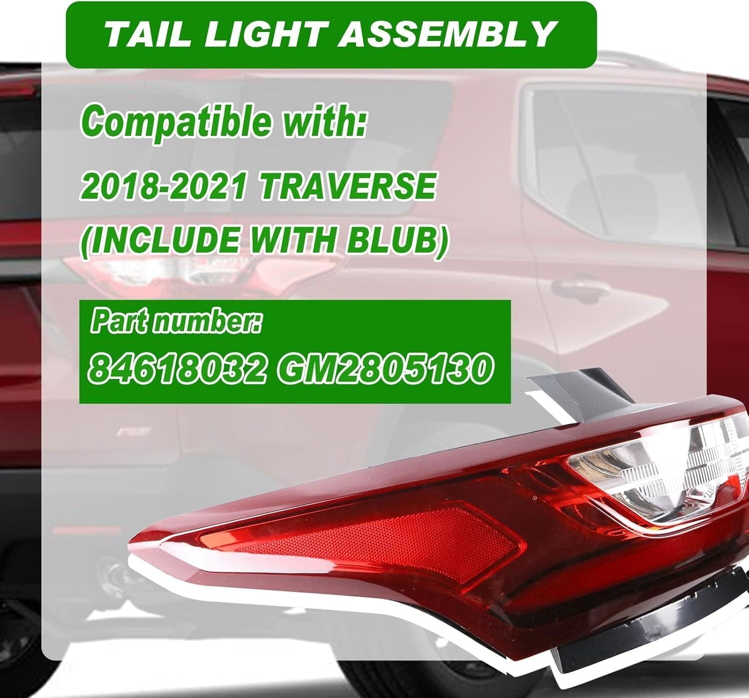 LED Tail Light Lamp Outside for 2018-2021 Chevrolet Traverse Right Passenger
