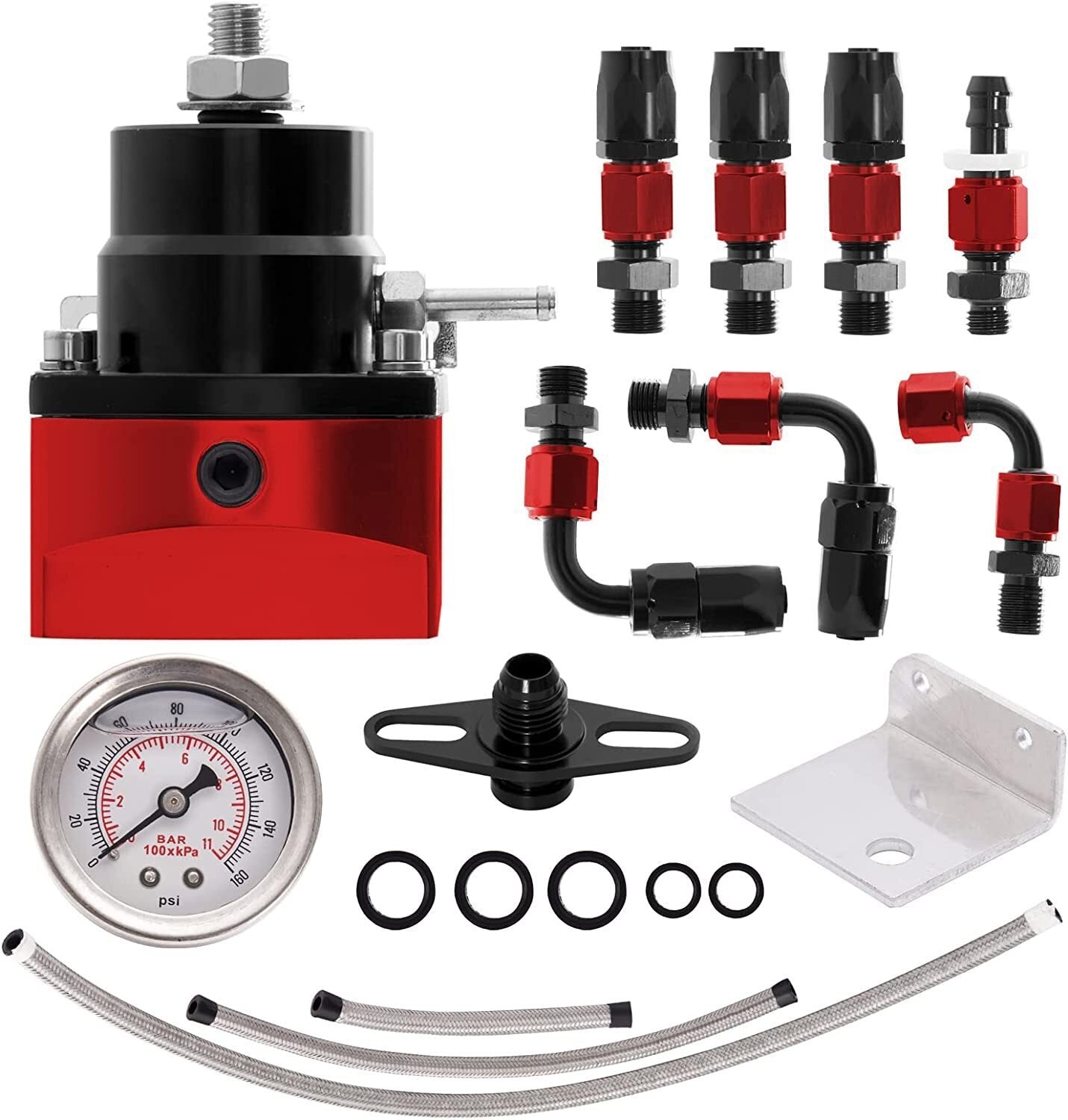 Black-Red Adjustable Fuel Pressure Regulator Kit Oil 0-100psi Gauge -6AN 6AN