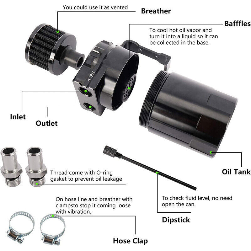 Engine Oil Catch Can Tank Kit with Breather Filter 300ml Aluminum Polish Black