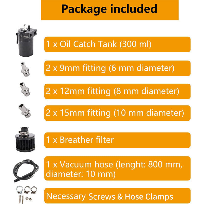 Engine Oil Catch Can Tank Kit with Breather Filter 300ml Aluminum Polish Black
