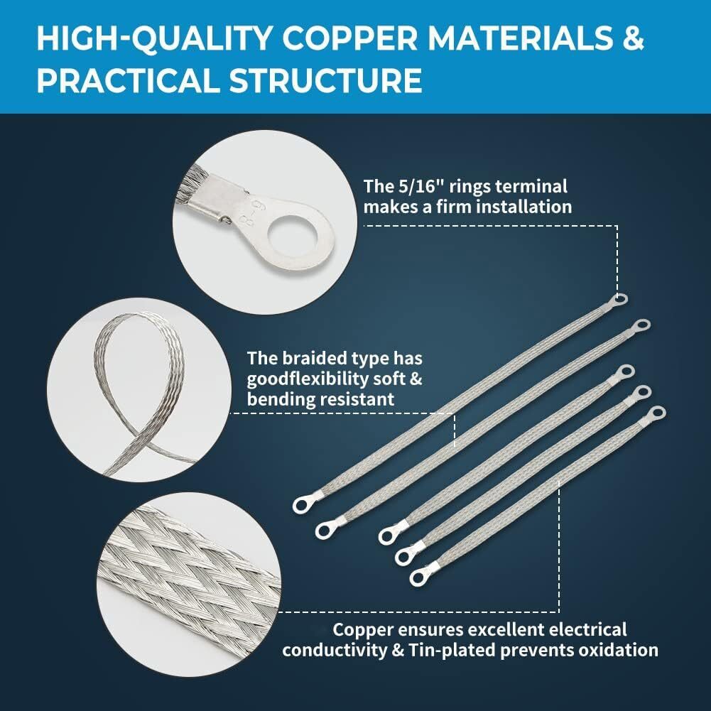 5× Universal Automotive Ground Strap Tinned Copper Car Engine Ground Strap Cable