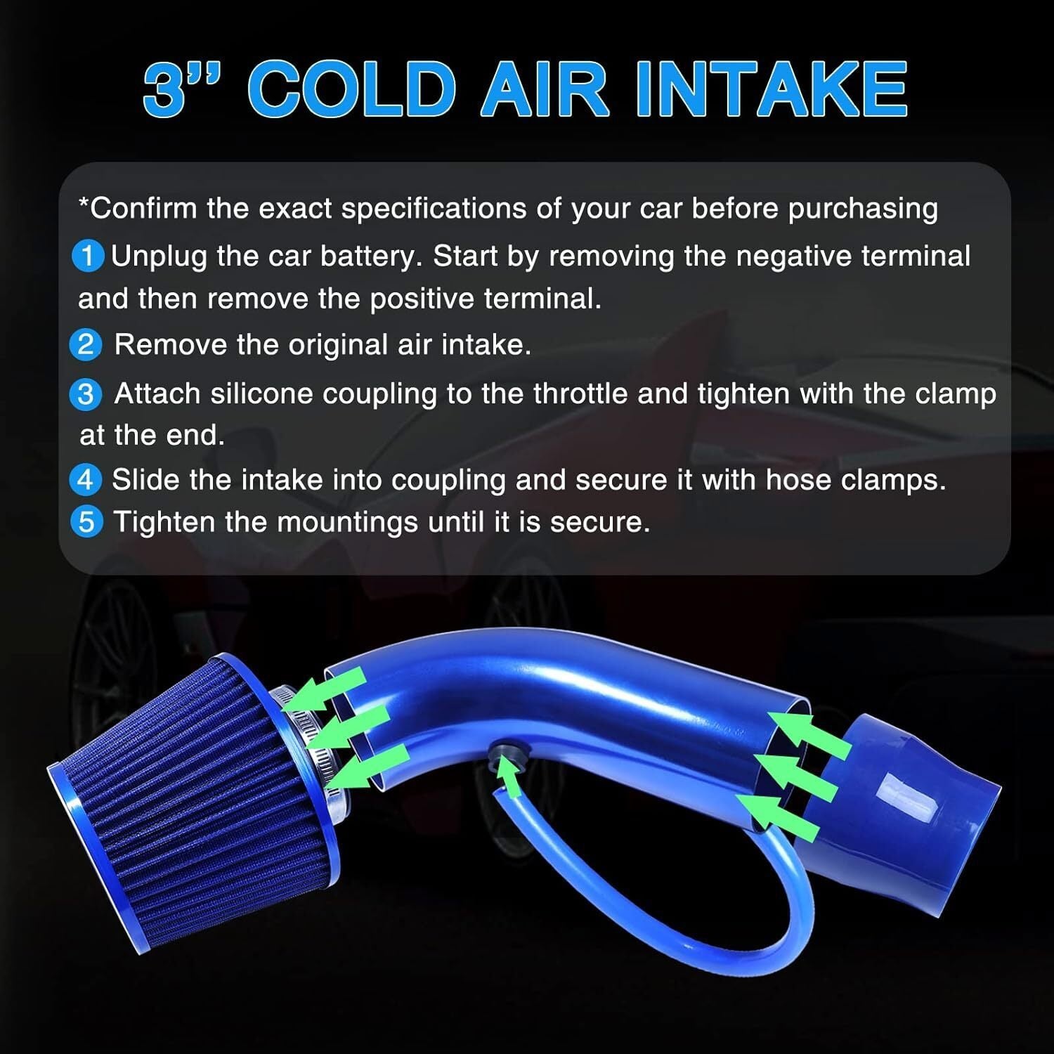 3" Cold Air Intake Filter Induction Kit Pipe Power Flow Hose System US New