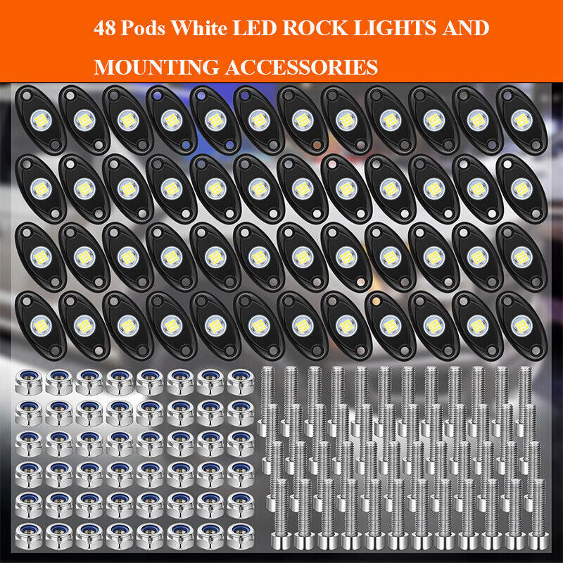 48X White LED Rock Lights Underbody Trail Rig Glow Lamp Offroad SUV Pickup Truck