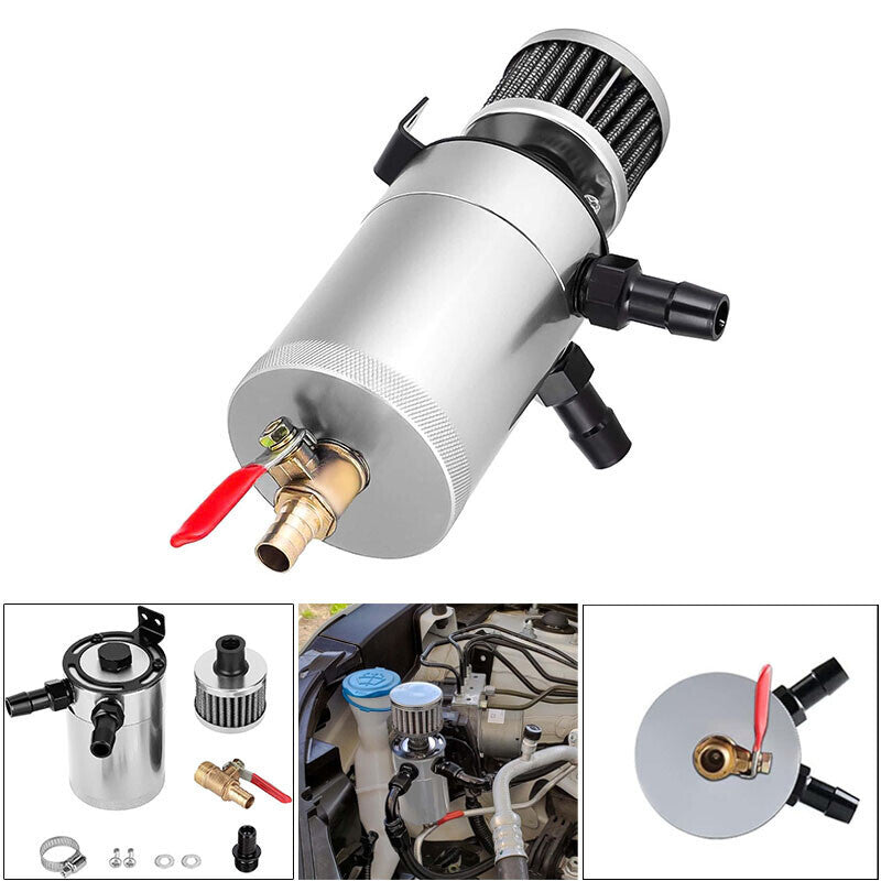2 Port Reservoir Baffled Tank Oil Catch Can with Drain Valve Breather Polished