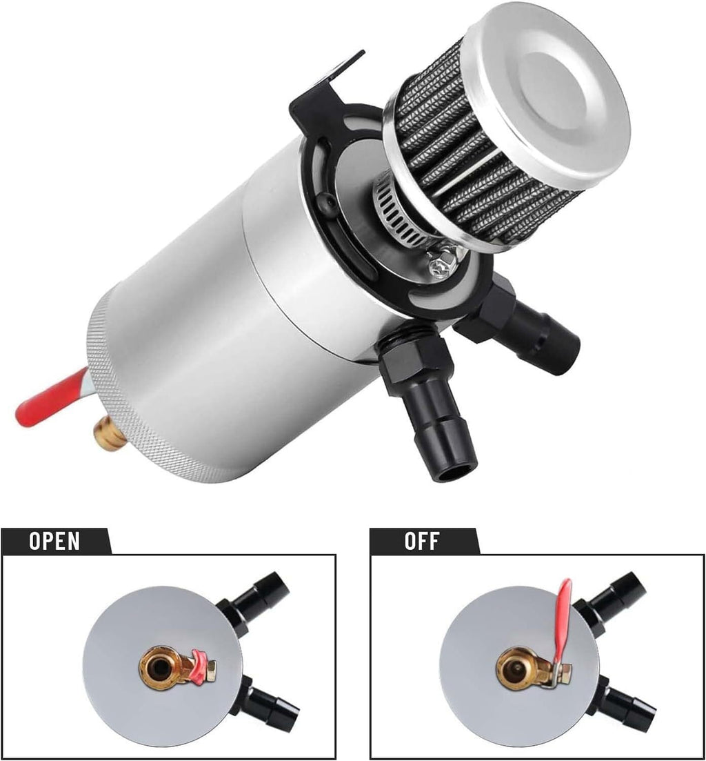 2 Port Reservoir Baffled Tank Oil Catch Can with Drain Valve Breather Polished