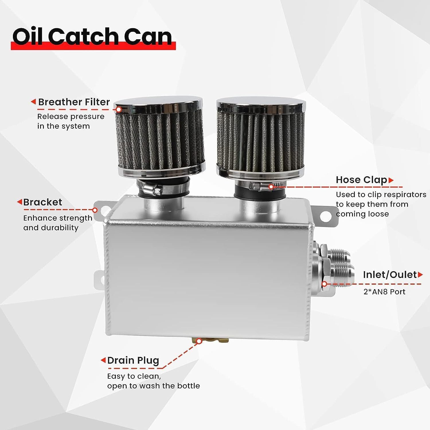1.2L-10AN Oil Catch Can Baffled 2Port Reservoir Tank+Dual Breather Filter Sliver