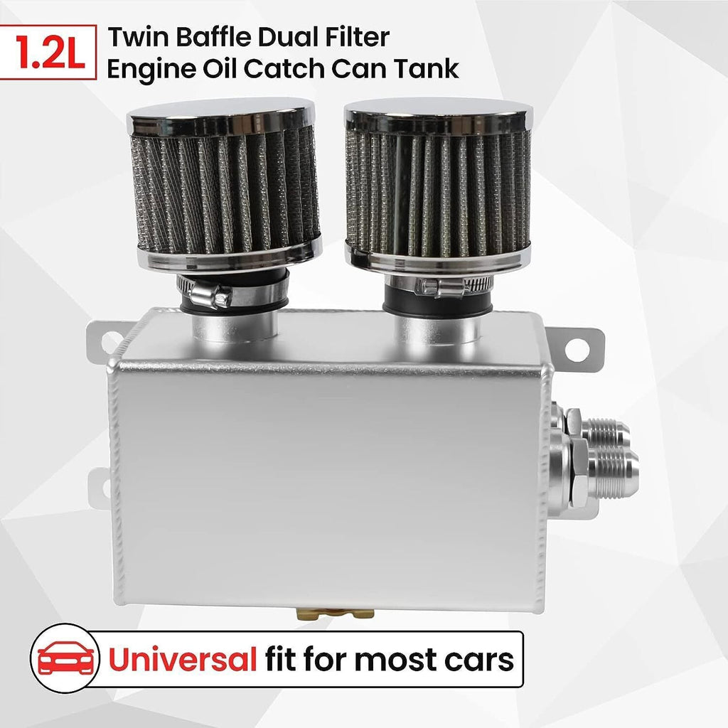 1.2L-10AN Oil Catch Can Baffled 2Port Reservoir Tank+Dual Breather Filter Sliver