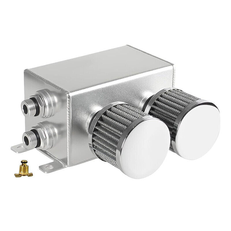 1.2L-10AN Oil Catch Can Baffled 2Port Reservoir Tank+Dual Breather Filter Sliver