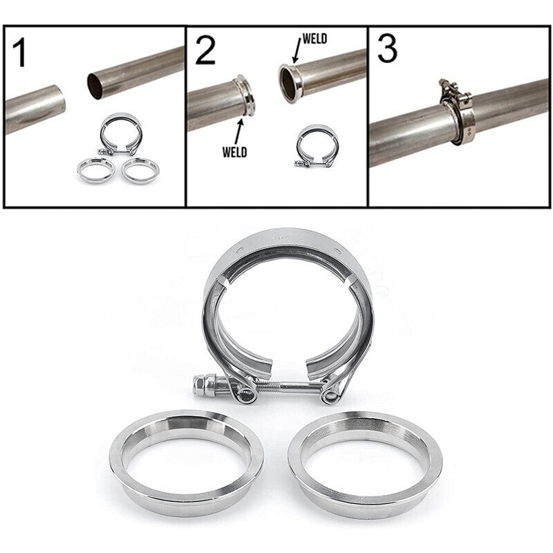 2 PCS 3.5" V-Band Flange & Clamp Kit Fit for Turbo Ex Pipes Stainless Steel