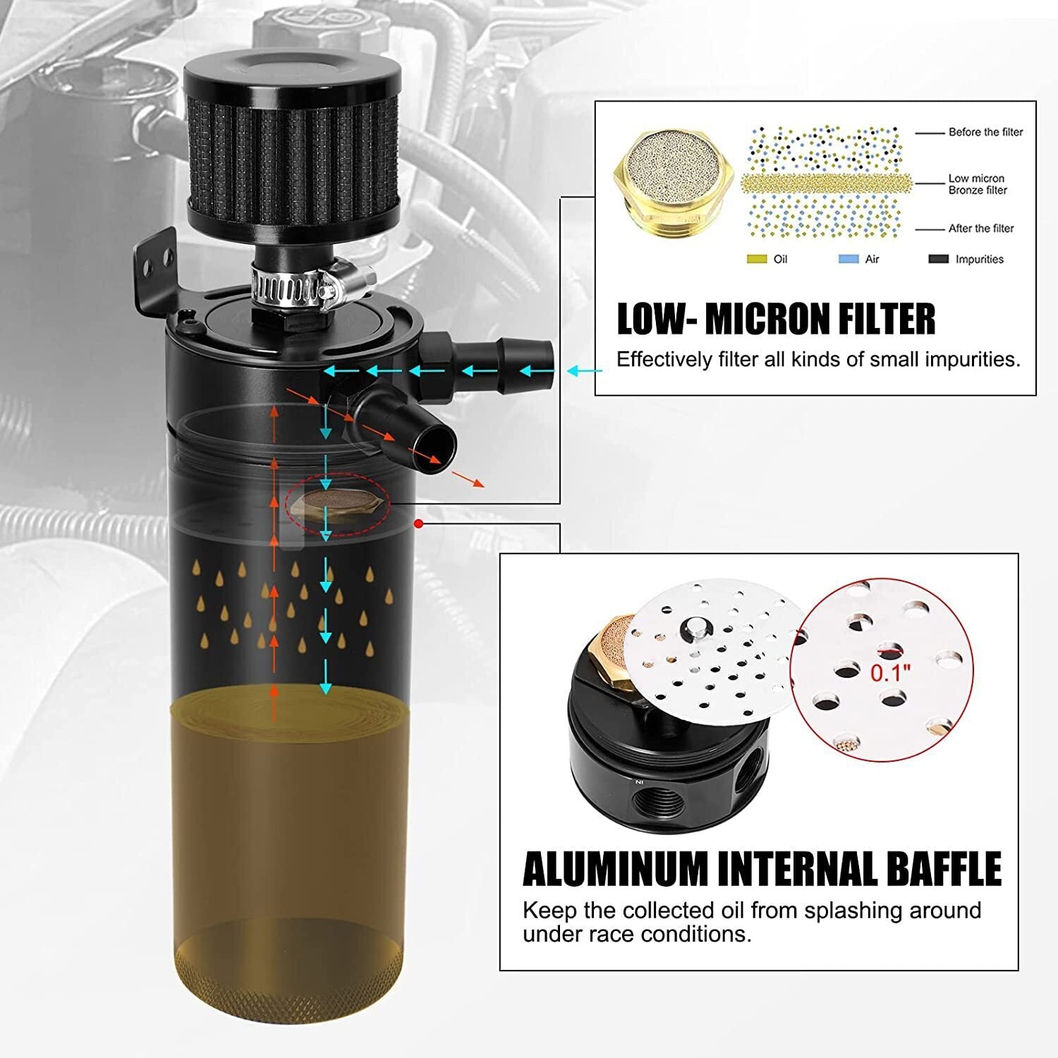 750ML Oil Catch Can Kit Universal Oil Separator Large Baffled Reservoir Tank