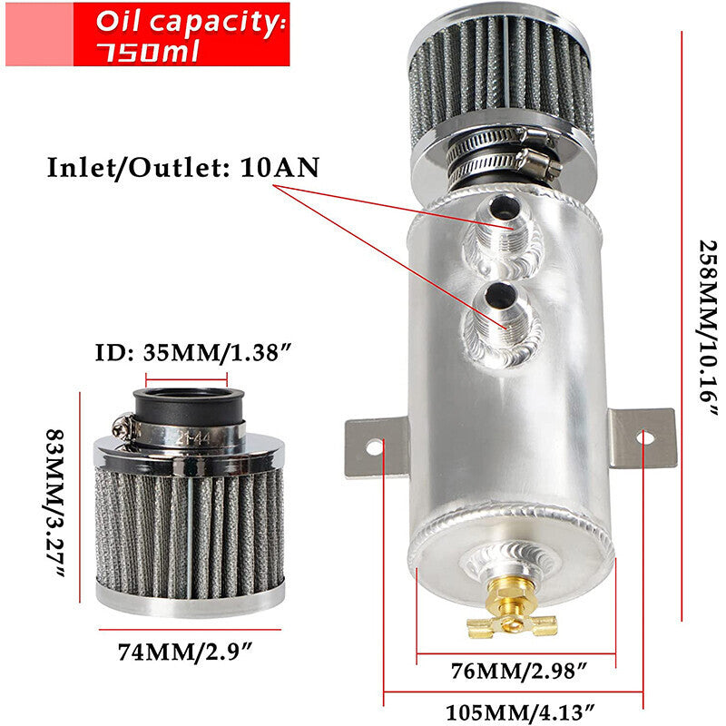 Car Engine 750ml 10AN Oil Catch Can Reservoir Tank + Breather Filter Baffled Kit