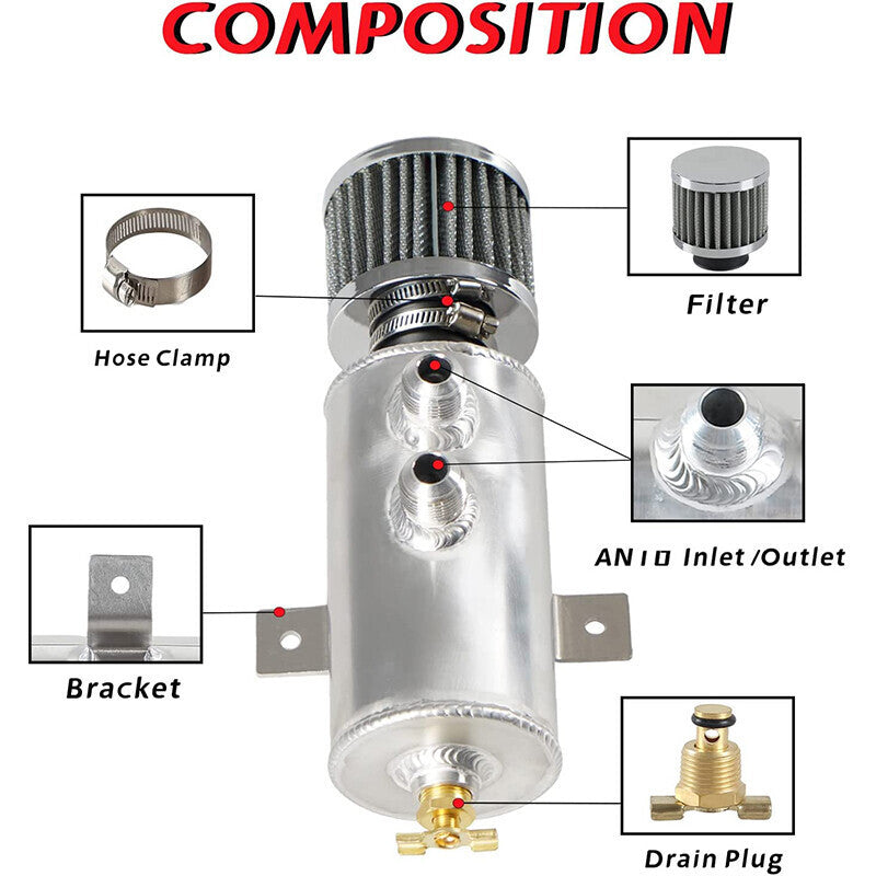 Car Engine 750ml 10AN Oil Catch Can Reservoir Tank + Breather Filter Baffled Kit