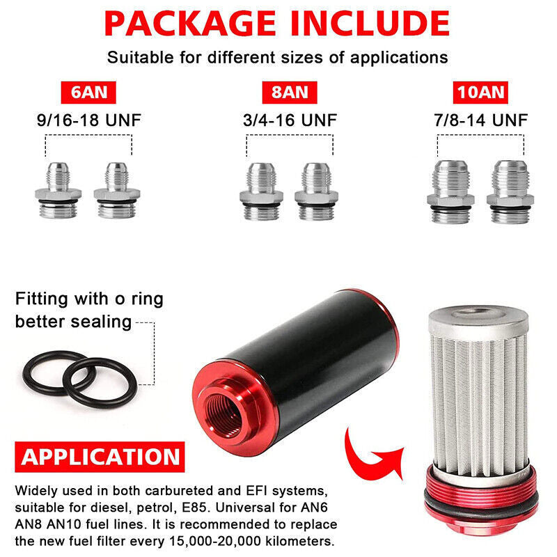 High Flow Inline Fuel Filter 30 Micron Cleanable with AN6 AN8 AN10 Adapter