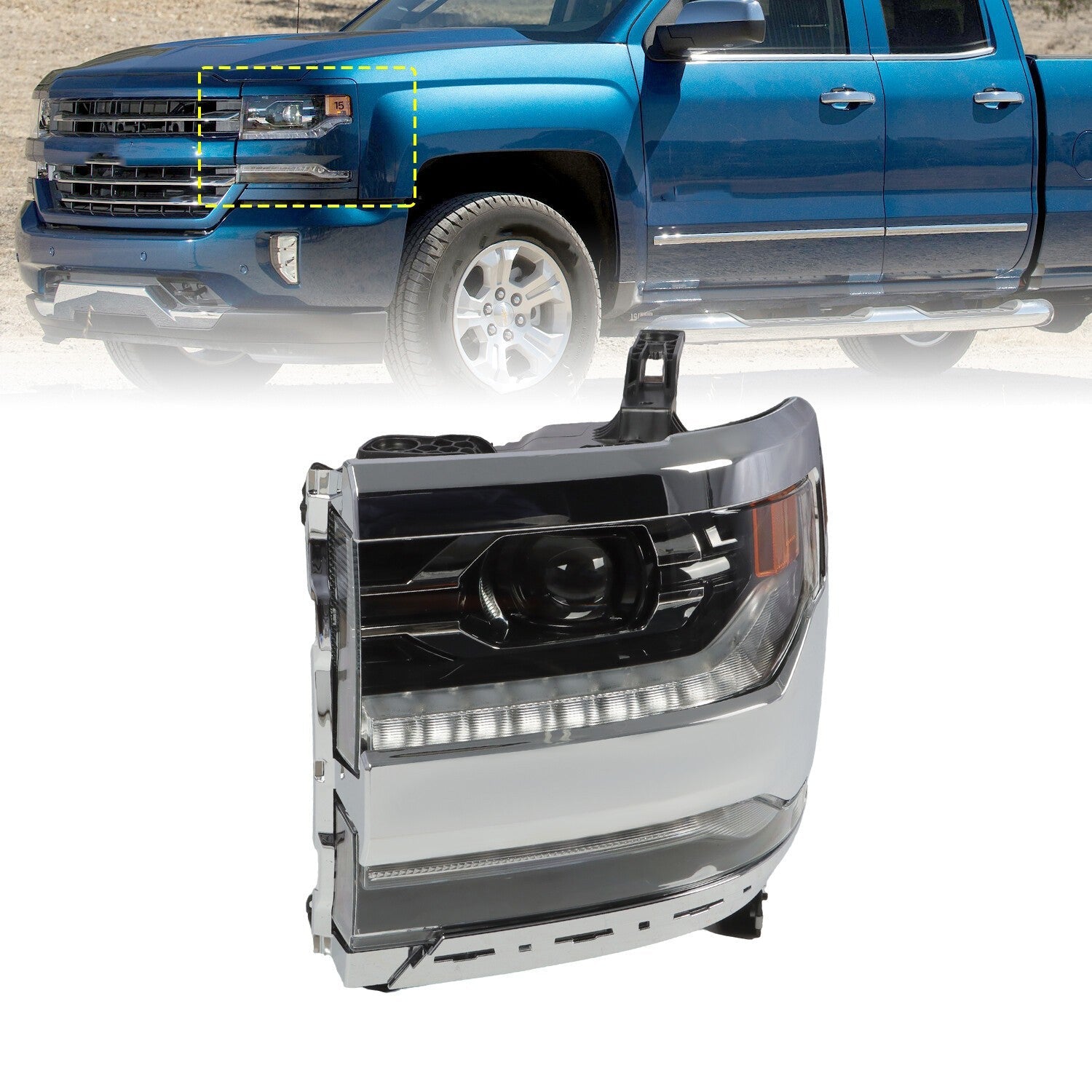 2016-18 Chevy Silverado 1500 Left Chrome DRL Projector Full LED Headlight