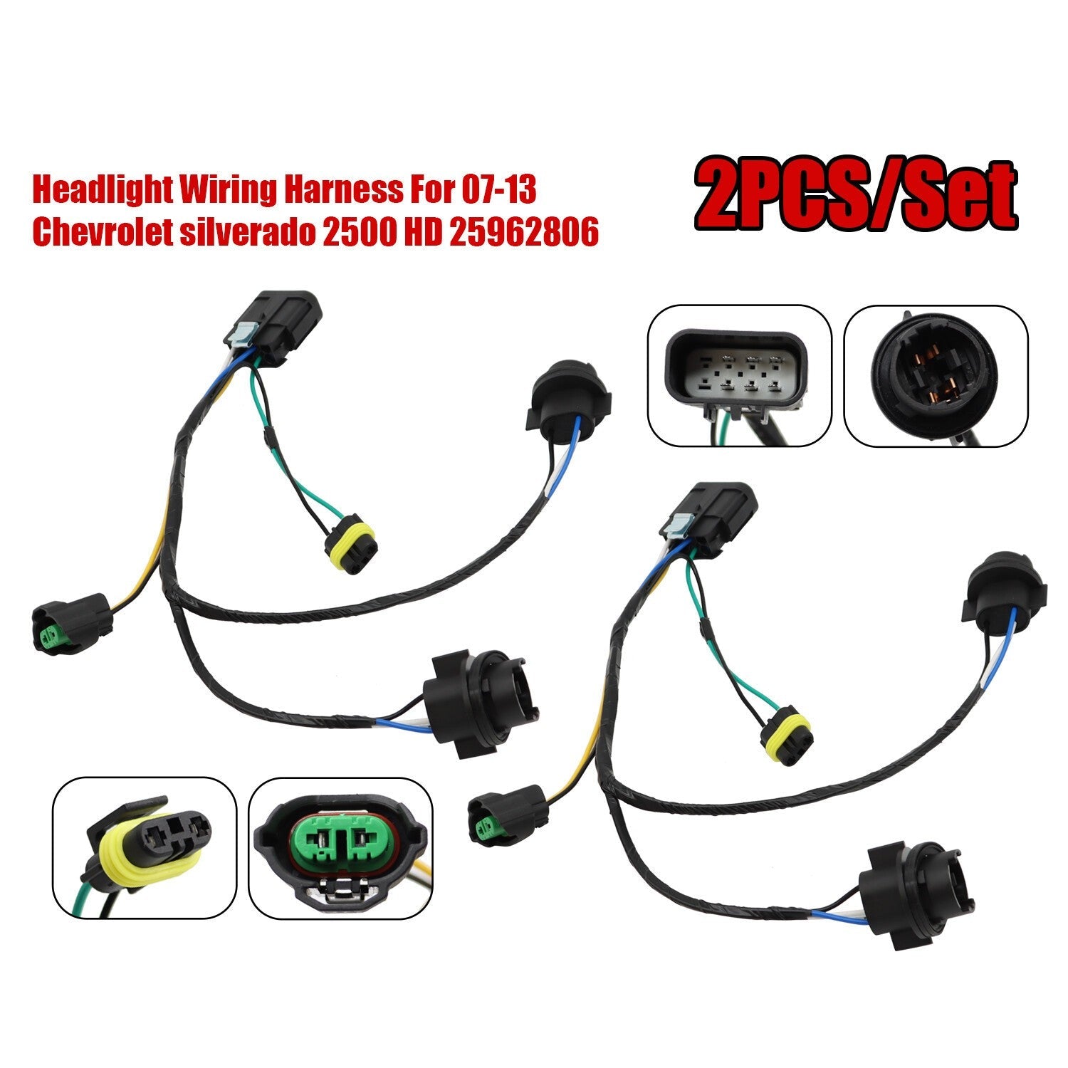 2PCS Headlight Wiring Harness for Chevrolet Silverado 1500 HD 2007-2013 25962806