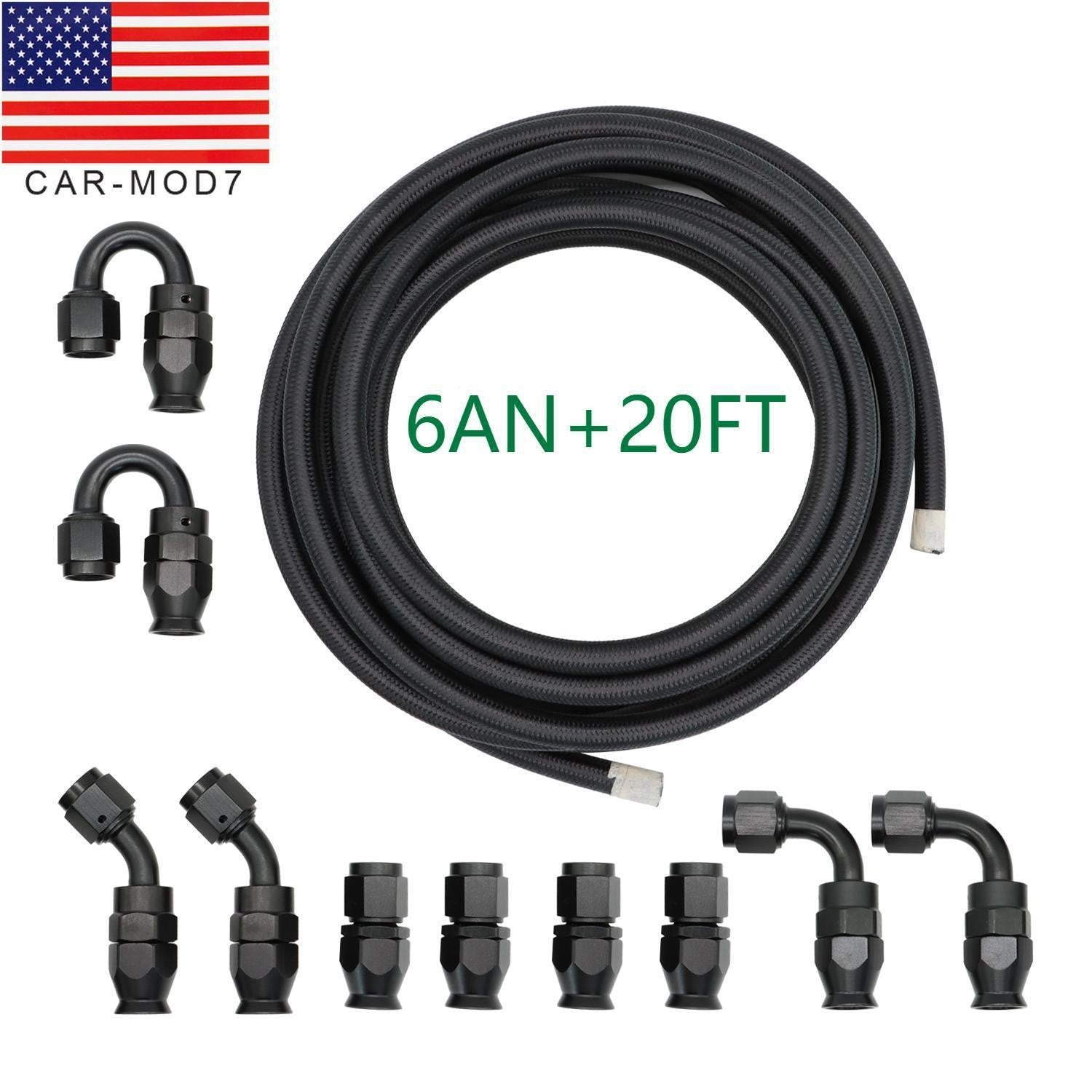 6AN Nylon E85 PTFE Fuel Line Hose Kit 20ft with 10 Fittings Black