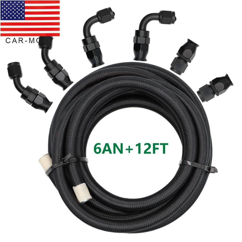 6AN Black Nylon PTFE Fuel Line Hose Kit 12ft 6 Fittings E85 Compatible