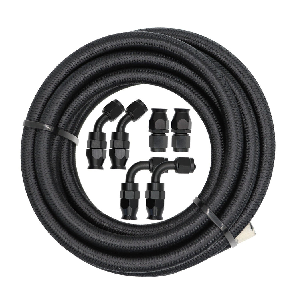6AN Black Nylon PTFE Fuel Line Hose Kit 12ft 6 Fittings E85 Compatible