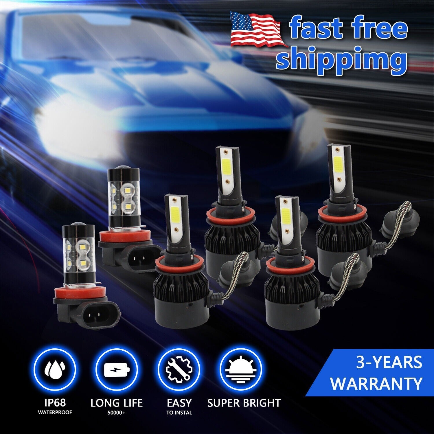 6000K Toyota Camry H11+9005 LED Headlight & Fog Light Bulbs Kit High/Low Beam