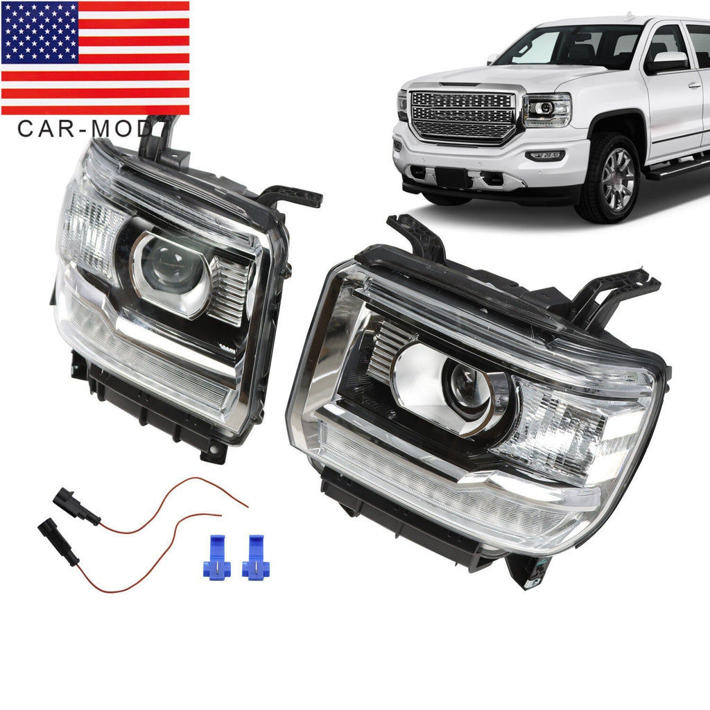 Black LED DRL Projector Headlights for 2014-18 GMC Sierra 1500 2500HD 3500HD