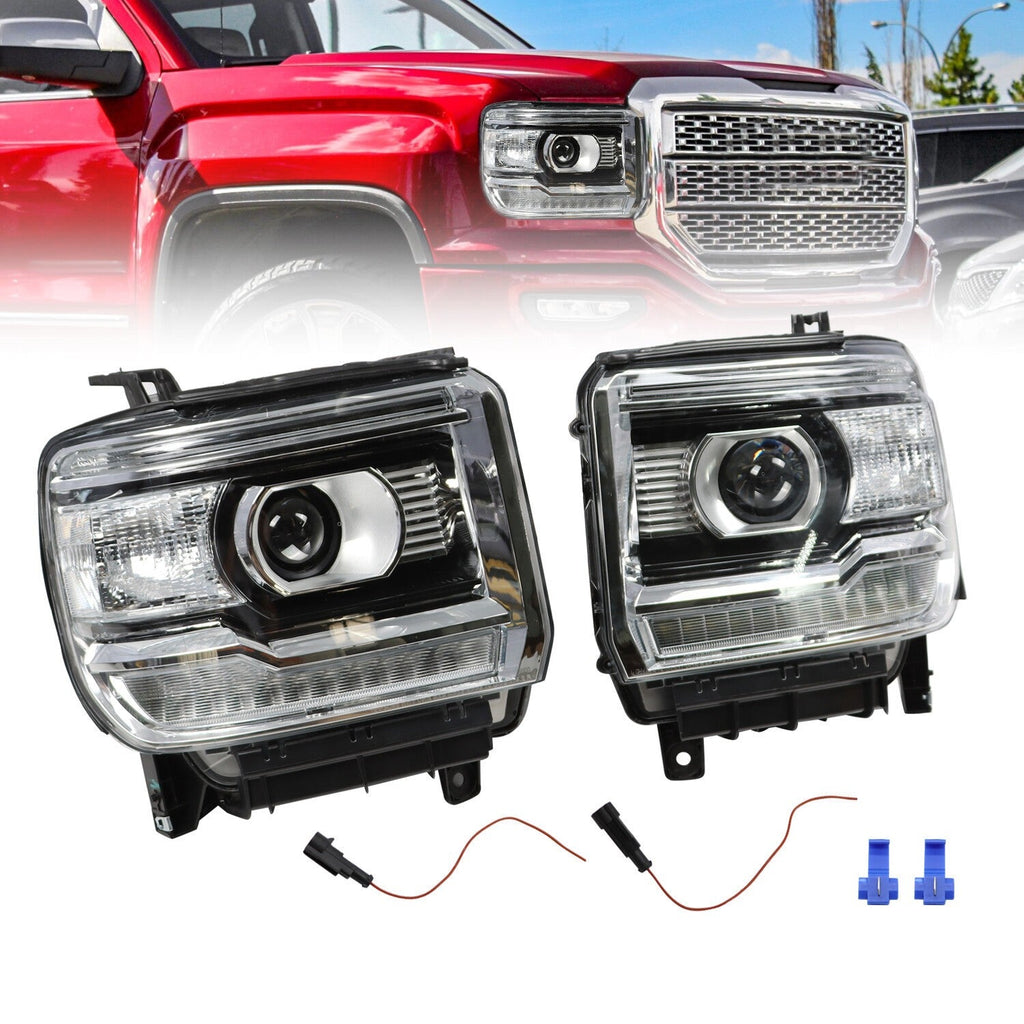 Black LED DRL Projector Headlights for 2014-18 GMC Sierra 1500 2500HD 3500HD