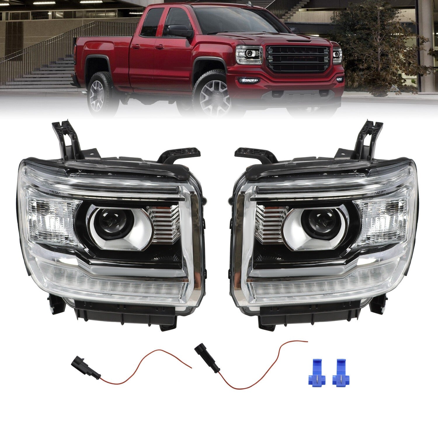 Black LED DRL Projector Headlights for 2014-18 GMC Sierra 1500 2500HD 3500HD