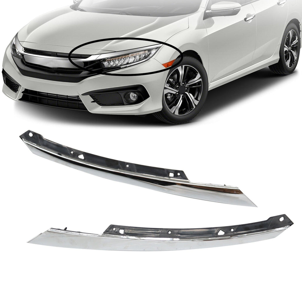 2016-2018 Honda Civic Chrome Headlight Eyelid Grille Molding Trim LH+RH