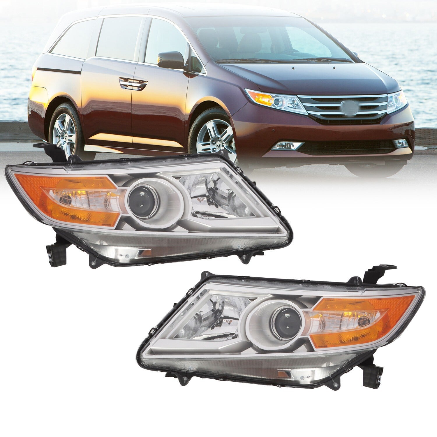2011-2013 Honda Odyssey Halogen Chrome Amber Headlights Left & Right Side