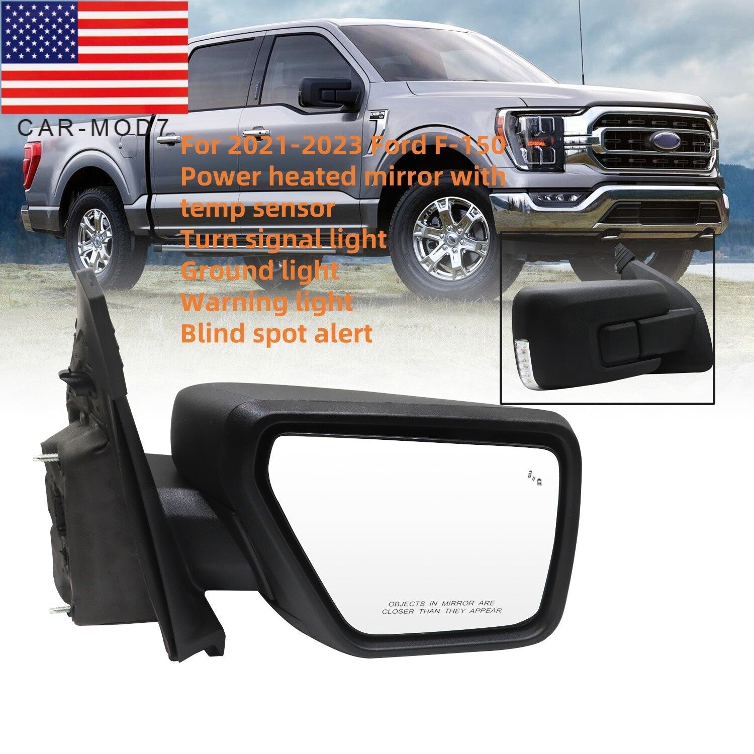 2021-2023 Ford F-150 Right Heated Side Mirror w/ Signal & BSM Rear View