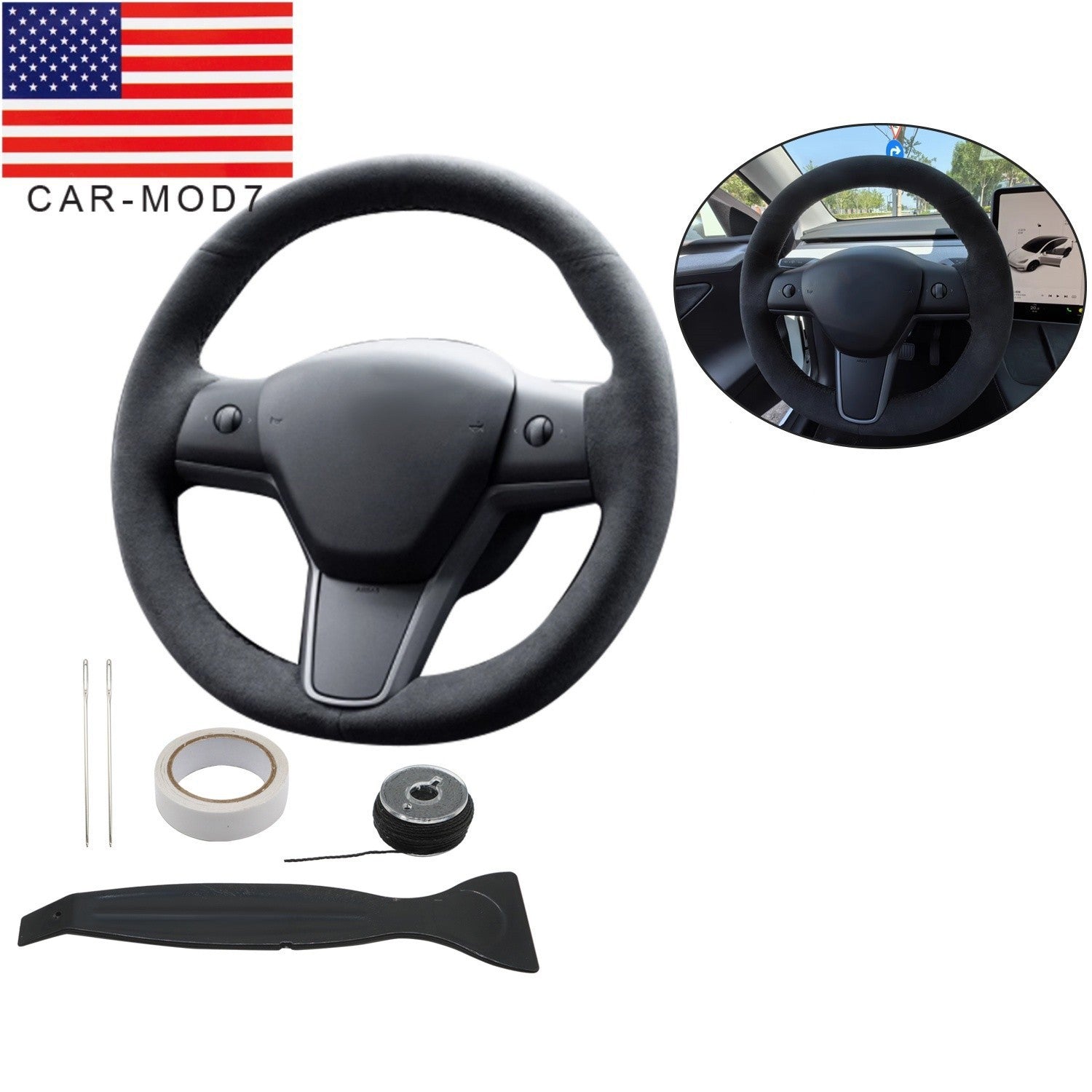 Tesla Model 3 Steering Wheel Cover Wrap Alcantara Suede Carbon Leather