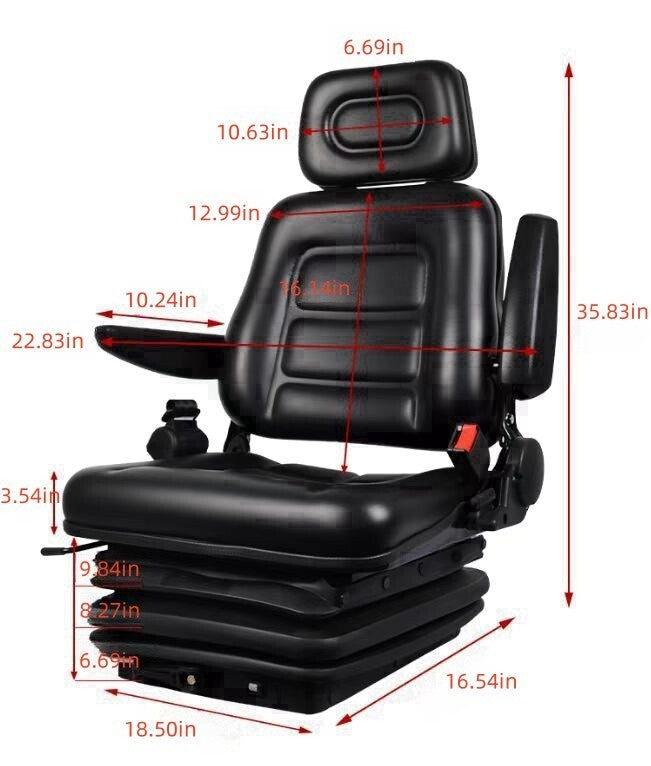 Adjustable Forklift Tractor Seat with Suspension, Backrest, Armrest & Safety Bel