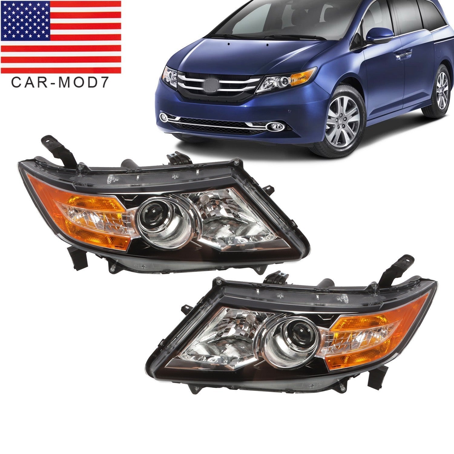 2014-2017 Honda Odyssey Halogen Black Headlight Set Left & Right Side