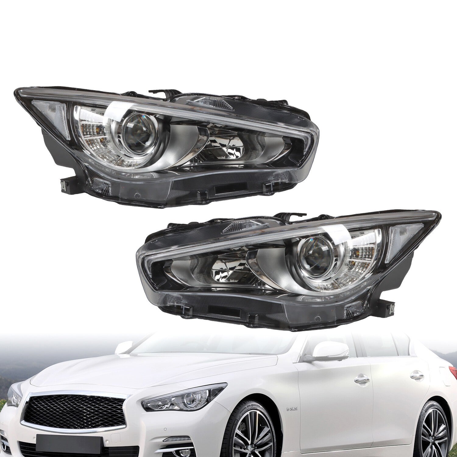 LED Headlight for 2014-2022 Infiniti Q50 Left & Right Side Chrome Headlamp