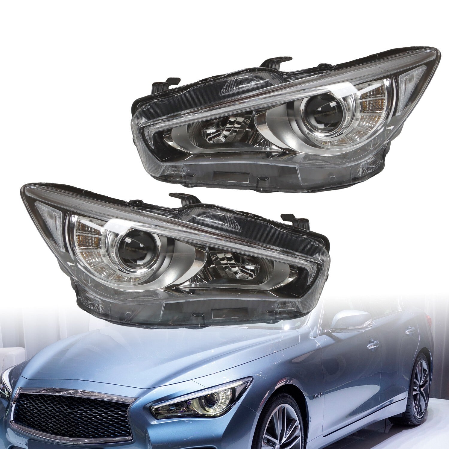 LED Headlight for 2014-2022 Infiniti Q50 Left & Right Side Chrome Headlamp