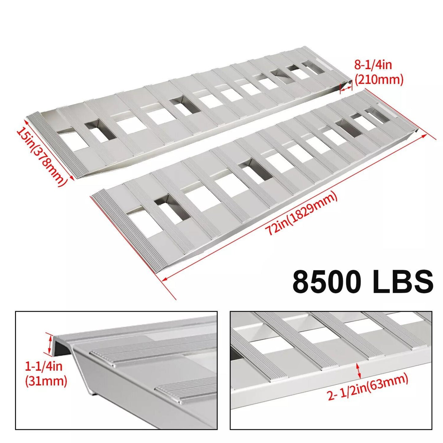 72" X 15" 8500 LBS ALUMINUM Hook Ramp CAR TRUCK TRAILER Auto Hauler Pair 6FT