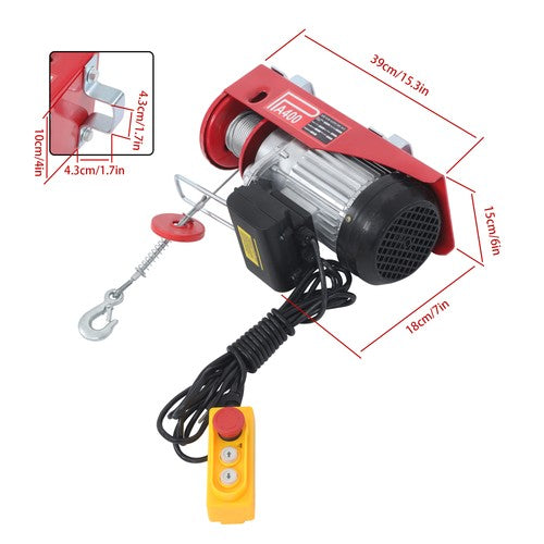 Mini Electric Hoist PA400 880lbs 14ft/4.2m Wired Remote Control Ring Axle Belt