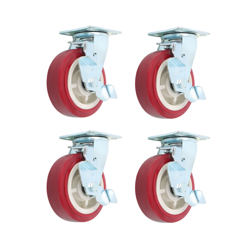 Four 6" industrial side brakes with red casters