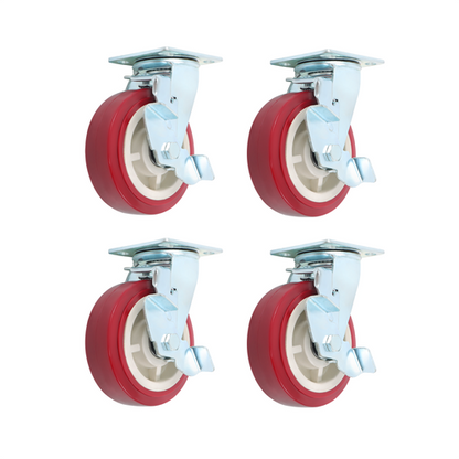 Four 6" industrial side brakes with red casters