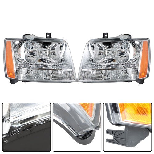 Headlights Chrome New For Chevy Avalanche/Suburban/Tahoe 2007-2014 Halogen Pair