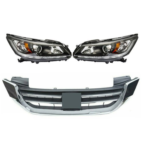 Headlights W/LED DRL Halogen& Bumper Grille For 13-15 Honda Accord Chrome Pair
