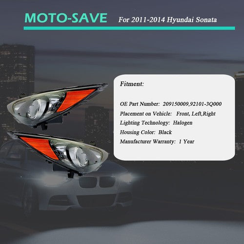 Black Headlights Headlamps Housing Right&Left Side For Hyundai Sonata 2011-2014