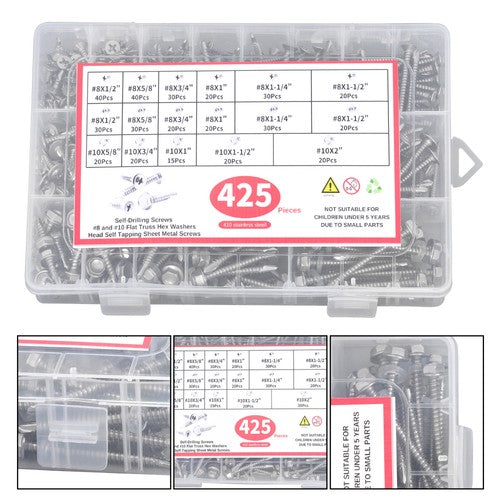 425PC 410 Stainless Steel Self-Tapping Screws #8#10 Self-Drilling Assortment Kit