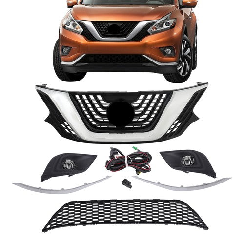 8pcs For Nissan Murano 2015-2018 Front Grill Bumper Trim Molding+Foglights Set