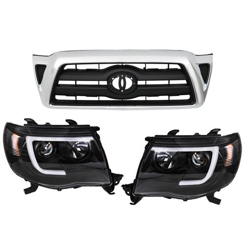 Pair Headlights Front Grille Chrome Shell W/Black Insert For 05-11 Toyota Tacoma