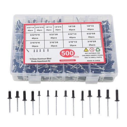 For DIY USE 500 Pcs pop rivets assortment kits 3/32" 1/8" 5/32" 3/16"