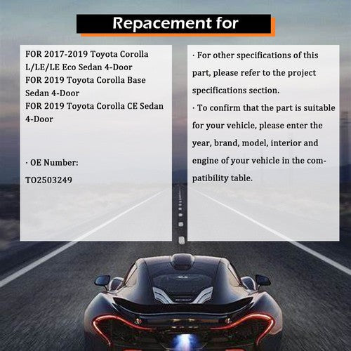 Fit For Toyota Corolla L LE Eco 2017-2019 RH Headlight Replacement Halogen