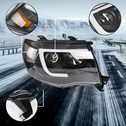 Halogen Headlights Fit For Toyota Tacoma 2005-2011 LED Tube Black Clear Lens